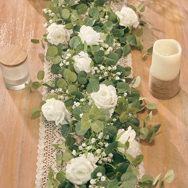 Faux Floral Verdure PARTY JOY Fleurs Artificielles Soie Rose Gypsophile Guirlande Faux Eucalyptus Vigne Plantes Suspendues pour Mariage Maison Fête Artisanat Décor 230422