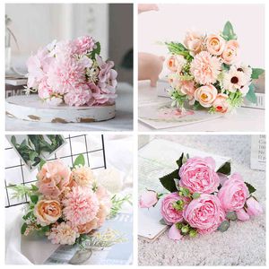 Faux bloemen groen roze zijden pieter boeket huizendecoratie accessoires bruiloft feest plakboek nep planten diy kunstmatige rozen bloemen j220906