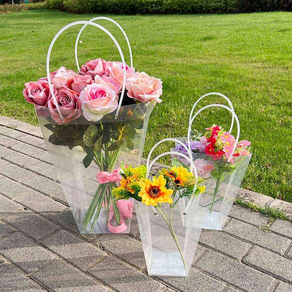 Fausse verdure florale transparente boîte de fleurs portable sac à cadeau pratique emballage de cadeau rose étanche.