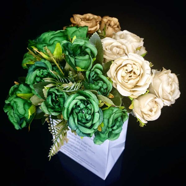 Faux Floral Greenery Vintage 8 cabezas Flores artificiales Sedas Peonía Rosa verde para decoraciones Fake Fower Wedding Desk Room Party DIY Bouquet Decor x0806