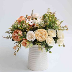Faux bloemen groen witte zijden kunstmatige rozen bloemen bruiloft huis herfst decoratie hoogwaardige grote boeket luxe nep bloemen stuk bulk j220906