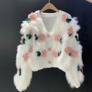 Abrigo de piel sintética de zorro para mujer Otoño/Invierno moda casual dulce rosa flor piel un suéter de punto cárdigan