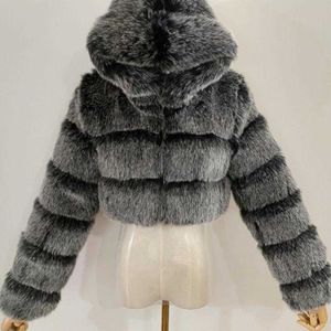 Faux fur 828sale vrouwen mode winter bijgesneden jas pluizige ritssluiting met een capuchon Warm kort jas 2020 top mink lagen y2209