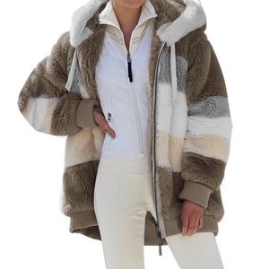 Fausse fourrure manteau femme veste hiver femme manteaux peluche patchwork fermeture éclair poche sweats à capuche plus taille hiver vêtements d'extérieur hauts 210422