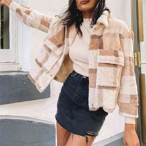 Faux bont pluizig jasje plus size vrouwen winter khaki casual plaid vintage korte fuzzy streetwear top 210427