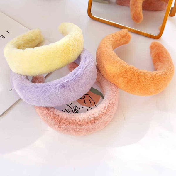 Diadema de felpa de piel sintética Retro Headwear Winter Thick Furry Hairband Warm Wide Fluffy Headbands Accesorios para el cabello para mujeres Y220301