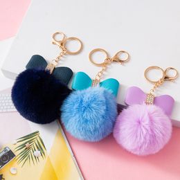 Fausse Fourrure Pompon Porte-clés Femmes Porte-clés Strass En Cuir Noeud Artificiel Lapin Boule Sac Pendentif De Voiture Porte-clés Cadeau