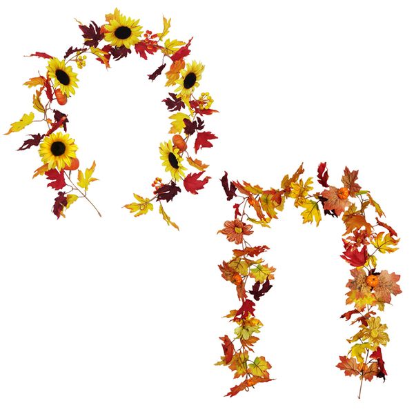 Faux verdure artificielle feuille d'érable tournesol citrouille guirlande suspendue décoration de vigne automne fête de mariage Thanksgiving décor à la maison XBJK2107