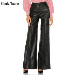 Faux lederen zwart brede been broek vrouwen lente losse hoge taille casual streetwear mode pu lady mujer pantalones broek 220325