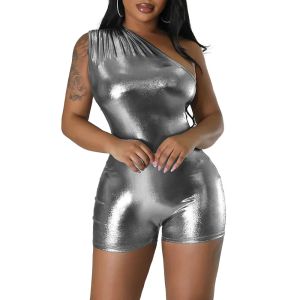 Faux lederen bodysuit een schouder rekbaar gemonteerde sexy dames vakantie romper outfit zomer jumpsuit dames mini shorts clubkleding