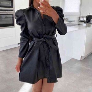 Robes élégantes de Noël en faux cuir pour le Nouvel An 2022, manches bouffantes, ceinture, mini robe à revers de couleur pure, pour un usage quotidien, Y1212