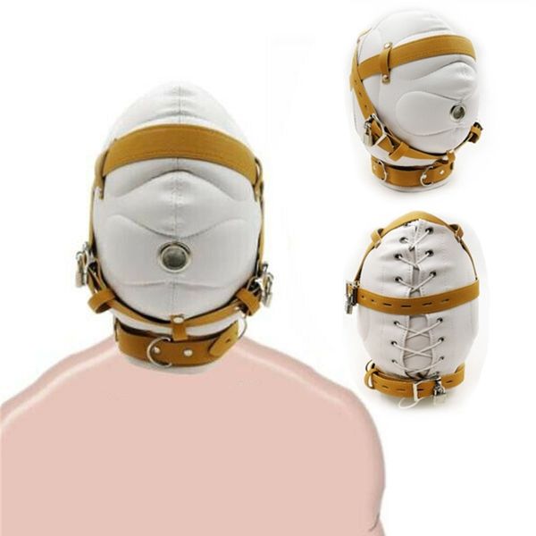 Faux Leather Fetish Sensory Deprivation Lockable Mask BDSM Boca Head Hood juguetes sexy Arnés Bondage Headgear Juego exótico para adultos