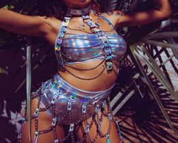 Faux Holographic Tentime Holographic Sexy Backless Metal Chain Tops Ajustement Mini jupe Summer Night Party Rave Festival 2 PCS SETS8102213