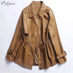 Veste en Faux Cuir Femme Manches Longues Revers Fermeture Éclair, Grande Taille Noir Marron Doux Plissé Pu 5Xl 210525