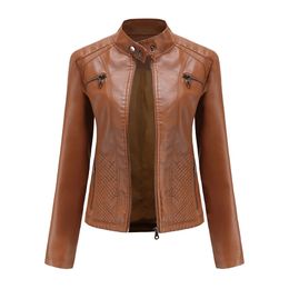 Veste en simili cuir femme 2023 printemps automne Moto Biker fermeture éclair mode vêtements d'extérieur noir marron rouge rose café XS 240105