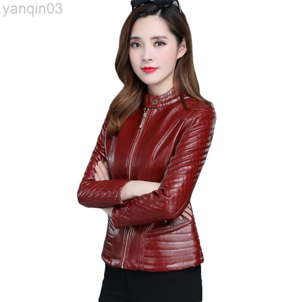 Veste en simili cuir femmes vin rouge 5xl 6xl printemps automne nouveau coréen court mince poches à glissière PU moto manteau L220801