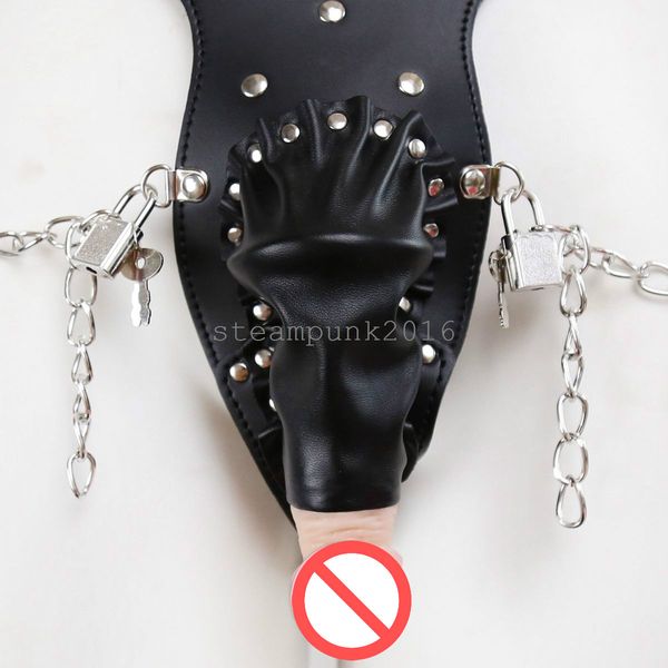 Bondage Faux Leather Male Chastity Belt Device Calzoncillos Bragas para hombres Cadena bloqueable # R42