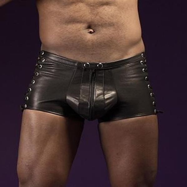 Boxer en Faux cuir pour hommes, vêtements exotiques, short, sous-vêtements transparents, Lingerie, pantalon noir, Super Sexy, look mouillé, Boxer223V