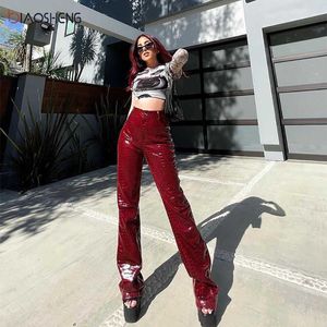 Faux cuir pantalon femmes pantalon taille haute dame lâche Sexy Streetwear mode élégant jambe droite pantalon femme pantalon 211006