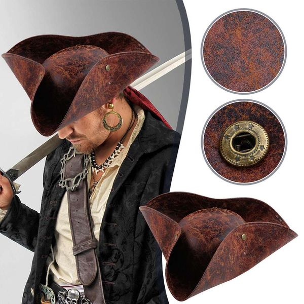 Sombrero de capitán pirata de piel sintética, color marrón, para adultos, hombres y mujeres, accesorios de disfraz de Cosplay, accesorios de fotografía exquisitos
