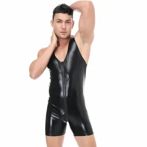 Faux Leather Sleevel Mens Zipper Open Crotch Body Shorts Sexy Monos apretados Night Club Fetish Costume 3XL Plus Tamaño B2La #