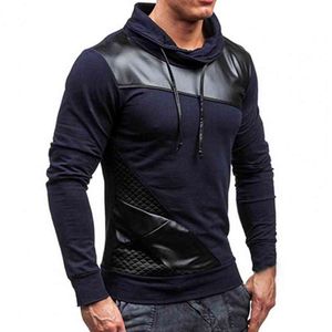 Sweat-shirt en Faux cuir pour hommes, couleurs contrastées, cordon de serrage, manches longues, automne 2021, L220725