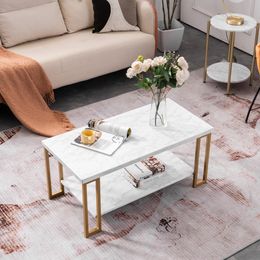Table basse en faux marbre avec cadre en métal doré, table à thé rectangulaire à 2 niveaux pour salon, bureau, balcon, blanc