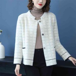 Faux vison velours pull veste femmes automne et hiver version coréenne court cardigan tricoté à carreaux sauvages 210427