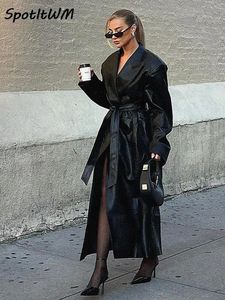 Trench-Coat en Faux cuir Pu pour femme, Long, noir, Patchwork, ceinture, surdimensionné, ample, imperméable, mode Streetwear, 231226