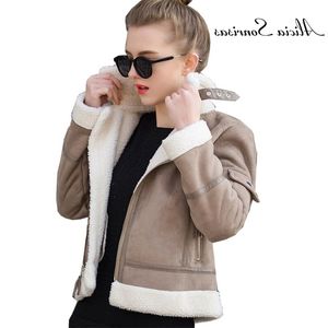 Faux Shearling Schapenvacht Jas Leer Dikke Suède Jas Vrouwen Herfst Winter Lamswol Korte Motorjassen T200506