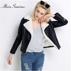 Faux peau de mouton en peau de mouton manteau d'hiver femmes noir chaud moto rue doux fourrure d'agneau femme veste en cuir UV3018 211220