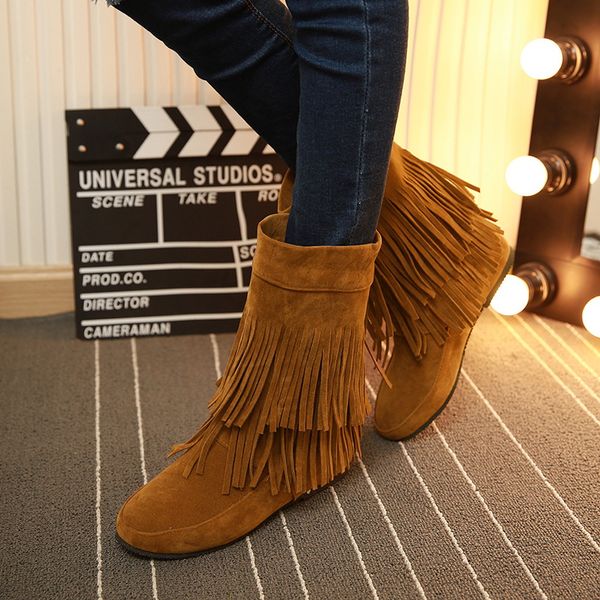 Botas de mujer occidentales de media pantorrilla de gamuza sintética marrón rojo con flecos borlas zapatos de invierno de vaquero talla grande 34-43