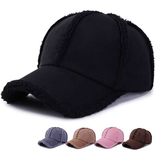 Gorro de invierno de lana de ante sintético para hombre y mujer, gorra de béisbol ajustable de seis paneles, color marrón, gris y rosa