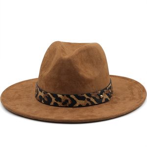 Faux daim Jazz Fedora chapeaux femmes classique léopard ceinture décoration feutre casquette hommes Panama Gentleman haut chapeau fête église chapeau