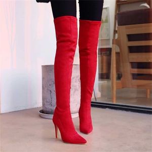 Faux Suede Stretch Muslo Botas altas Sexy Elástico Delgado sobre la rodilla Moda para mujer Tacones Negro Rojo Fetiche Zapatos largos 211021