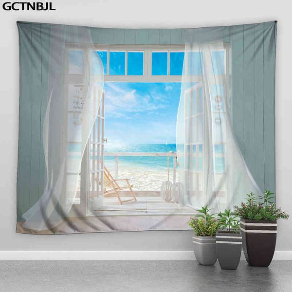 Tapis mural suspendu avec fausse fenêtre, vue sur la mer, décoration de pièce esthétique Hippie, tapisserie autocollante, décoration murale J220804