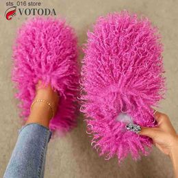 Mujeres falsas Fur Fluffy Winter Mongolian Furry Slipers Tobogán cálidos Plus Fuzzy Flip Flip Zapatos Mujer T230828 924