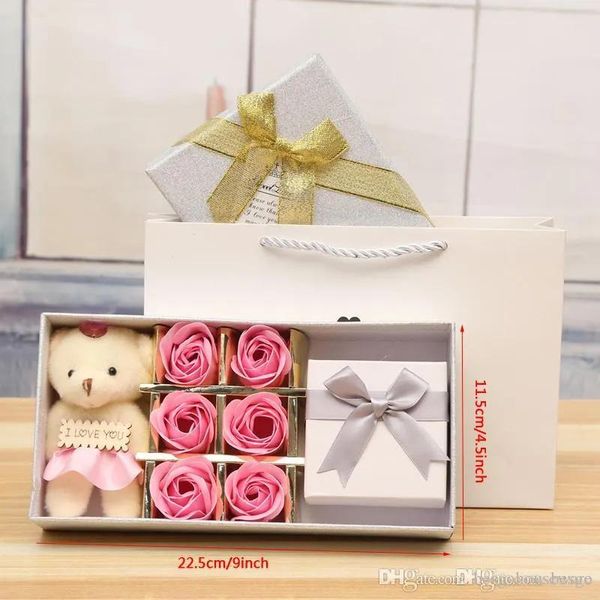 Favor de la flor romántica de jabón de rosas con caja de joyería de muñeca de oso 6 rosas 1 oso 1 caja Día de San Valentín Boda Cumpleaños Día de la madre Regalo de fiesta BC