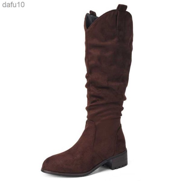 Faxu daim femmes bottes hautes élégantes chaussures de soirée à talons bas dames chaussures noir marron plissé hiver longue fourrure bottes de neige L230704