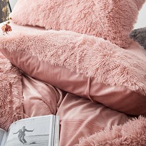 FB1901001 Roze Witte Fleece Stof Winter Dikke Pure Kleur Beddengoed Set Nertsen Fluwelen Dekbedovertrek Kingsize Laken Beddengoed Kussensloop2325