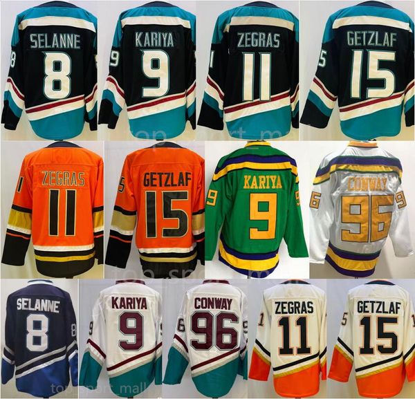 Mighty 11 Trevor Zegras Jerseys Hockey 15 Ryan Getzlaf 8 Teemu Selanne 9 Paul Kariya 96 Charlie Conway Team Blanc Orange Noir Film Vert 1993 Vintage Hommes Bon Point