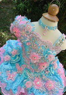 Garota#039;s Glitz Concurso de Vestidos de 2014 Bola Vestido de Laço de Organza Vestido da Menina de Flor Flores Feitas a Mão Grânulos de Cristais Níveis de Vestidos de Menina