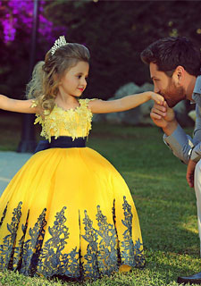 2015 Sexy Barato Amarelo Azul Bola Vestido Da Menina De Concurso De Vestidos Com Laço De Fita De Vestidos Da Menina De Flor De Crianças Formal