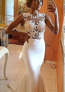 Vestido Formal Branco de Casamento sem Manga c/ Zíper nas Costas Estilo Sereia