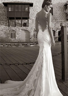 Best Selling 2015 Vestido de Noiva Sereia Galia Lahav Verão laço branco costas nuas do vestido de casamento de praia Correias Sheer Tiers varredura-Train 2014