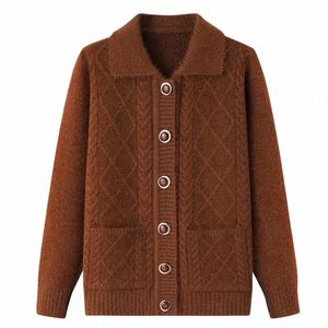 Fdfklak Coréenne d'âge moyen Mère âgée Automne Manteaux d'hiver Vêtements de grand-mère Épaissir Pulls tricotés Femmes Cardigan Tops E7De #