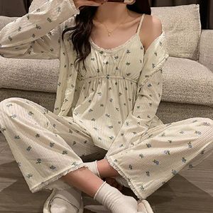 Fdfklak dames pyjamas ensemble 3 pièces CardiganCamisolePants coton Femme vêtements de nuit printemps automne confort ample Homewear 240314