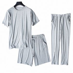 Fdfklak Grote Maat Mannelijke Thuis Pak Korte Mouw + Shorts + Broek 3 Delige Set Lente Zomer Modale Nachtkleding mannen Pyjama Q4Bn #