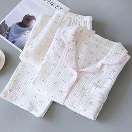 Fdfklak Primavera Otoño Ropa de hogar de manga completa Conjunto de pijama suelto de 2 piezas 100% gasa de algodón Camisa para dormir con estampado informal Ropa para el hogar 240202