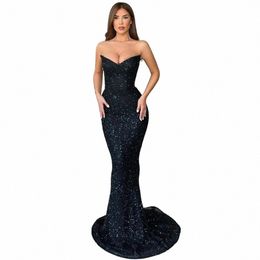 Fdhaolu Vestidos de noche de sirena negra 2023 Strapl con cuello en V Bodyc brillante Dubai Prom Dr Arabia Backl Vestidos de fiesta de novia 68Qw #